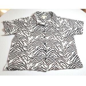 Bechamel Button Front Shirt Womens L Short Sleeve Safari Animal Print Blk Brown